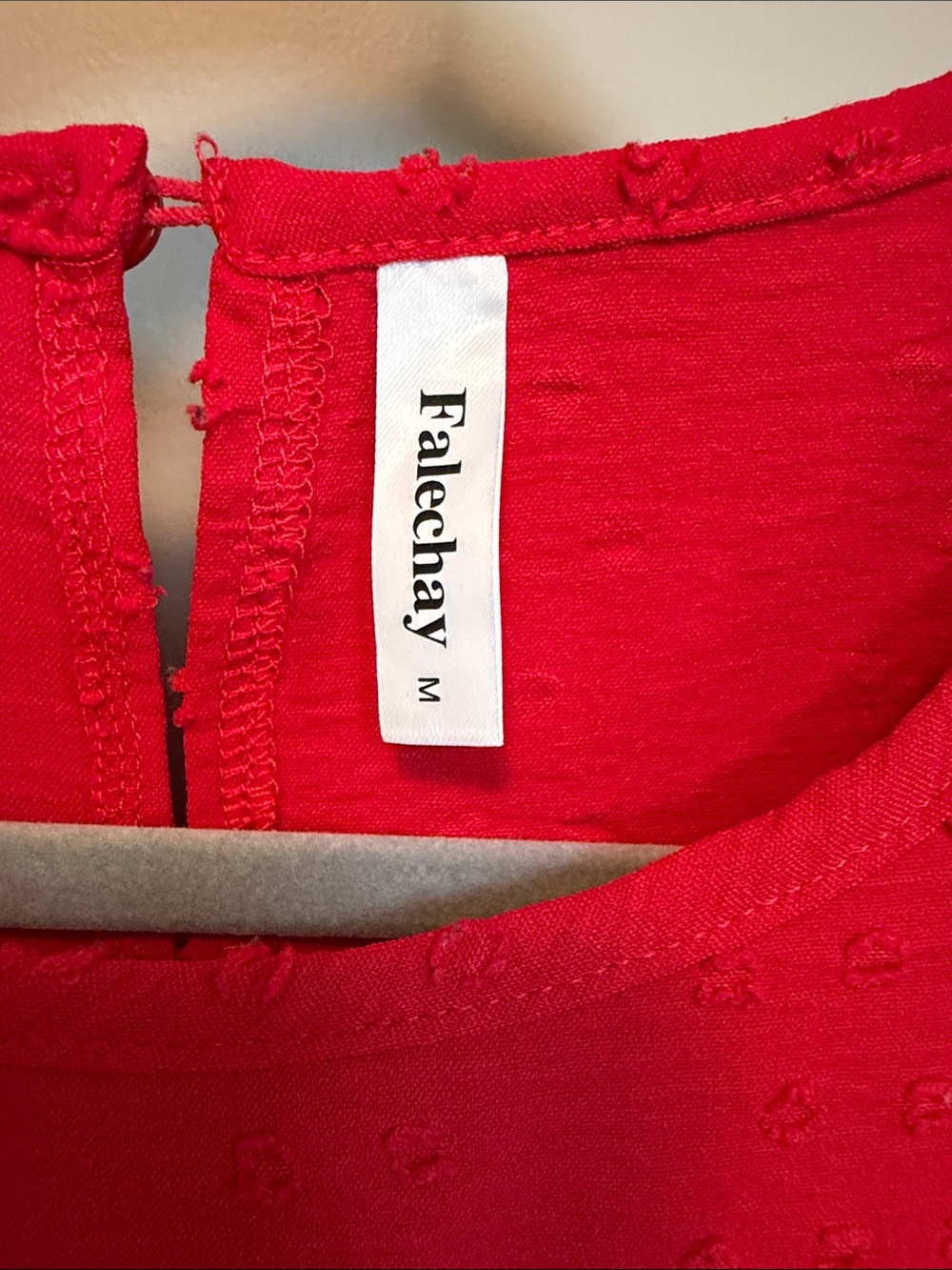 Falechay Women’s Size Medium Bright Red Eyelet Babydoll Short Bell Sleeve Blouse - Picture 2 of 8